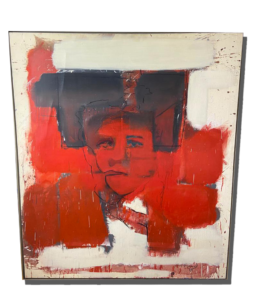 Tableau encadré style contemporain : portrait esquissé d’un visage sur fond rouge, noir et blanc, touches abstraites