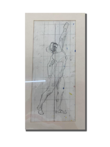 Dessin encadré : silhouette d’un homme en mouvement, bras levé, tracé au trait noir sur fond quadrillé avec quelques taches de couleur (photo avec reflets sur le verre)