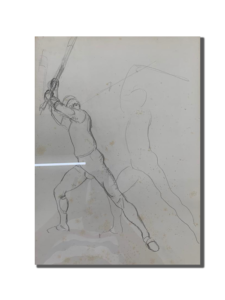 « Dessin encadré au crayon : sportif effectuant un geste de frappe avec une batte/club, silhouette esquissée en arrière-plan montrant le mouvement