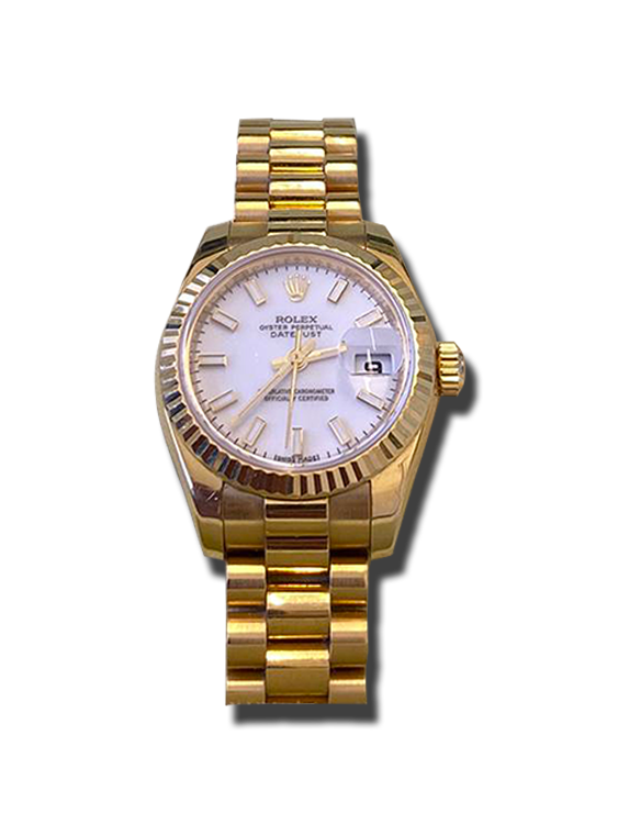 Montre vintage de luxe en or avec bracelet métal, lunette cannelée, cadran clair et fenêtre de date avec loupe