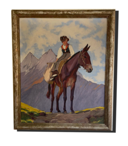 Achat antiquaire – tableau scène alpine (femme en costume, mule, montagnes) | Valais, Suisse, acheteur d’art, proposition de rachat