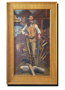 Peinture encadrée montrant un homme debout au chapeau, décor de chalets et bois empilé, palette chaude et trait expressif ; Suisse, Valais, achat antiquaire, rachat, acheteur d’art, proposition de rachat.