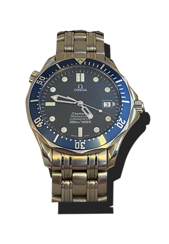 Montre vintage de luxe en acier avec bracelet métal, lunette bleue graduée, cadran sombre et affichage de la date ; Suisse, Valais, achat antiquaire, estimation antiquaire, montres de luxe, horlogerie vintage.