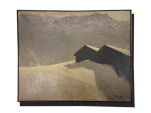 Peinture encadrée représentant un paysage de montagne aux tons gris, avec deux chalets sombres sur une pente enneigée ; Suisse, Valais, achat antiquaire, estimation antiquaire.