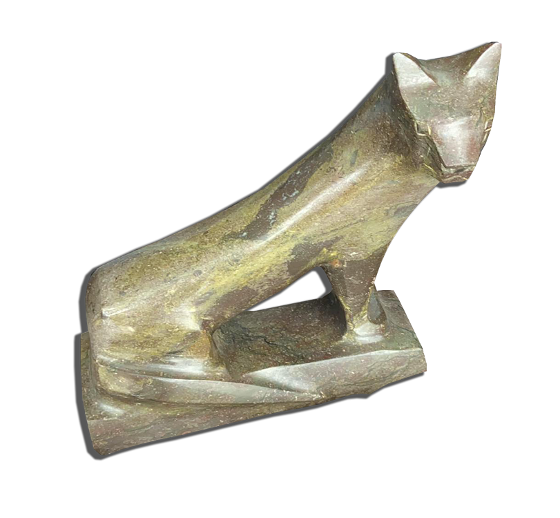 Sculpture en bronze patiné : félin stylisé assis sur socle, art animalier