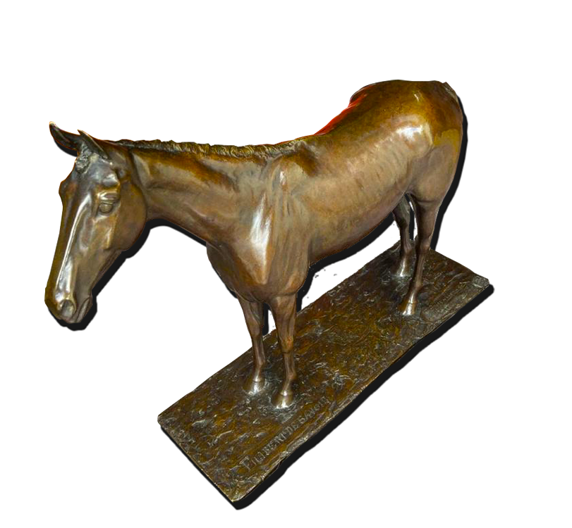 Sculpture en bronze patiné : cheval debout sur socle rectangulaire, art animalier