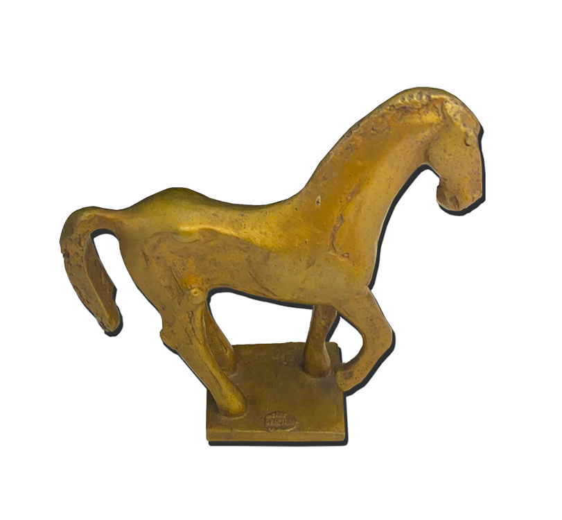Sculpture cheval stylisé en métal patiné doré sur socle rectangulaire