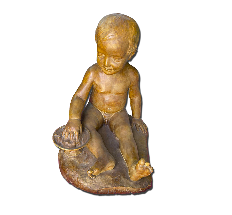 Sculpture / objet d’art présenté en photo (statuette en bronze d’enfant assis), pièce de collection