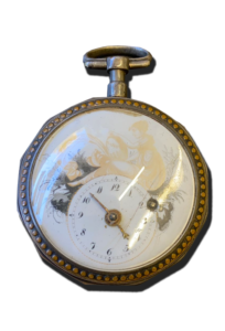Montre de poche de collection ancienne : cadran émaillé blanc avec décor illustré, petite minuterie décentrée, couronne en haut