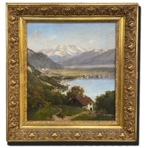 Tableau ancien encadré : paysage de campagne avec chemin, arbres et maison, ciel nuageux