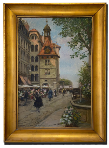 Achat antiquaire & estimation antiquaire – tableau de scène urbaine avec tour à horloge