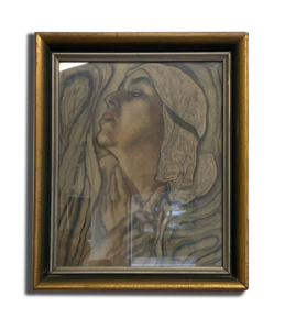 Tableau encadré doré : portrait de femme, regard vers le haut, mains jointes