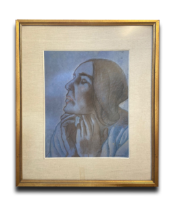 Portrait peint encadré montrant une femme de profil, tons bleus et mains près du visage. Tableau, art, antiquités.