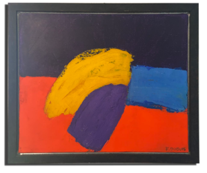 Tableau abstrait encadré noir avec grands aplats violet sombre et rouge, rectangle bleu et forme jaune épaisse au centre.