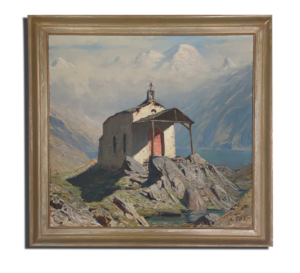 Tableau de paysage de montagne avec petite chapelle sur rochers au bord d’un lac, sommets enneigés au fond.
