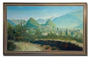 Tableau ancien illustrant un paysage naturel avec horizon lointain, éléments végétaux et lumière atmosphérique douce.