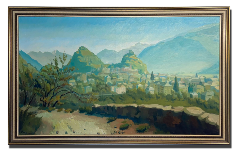 Tableau ancien illustrant un paysage naturel avec horizon lointain, éléments végétaux et lumière atmosphérique douce.