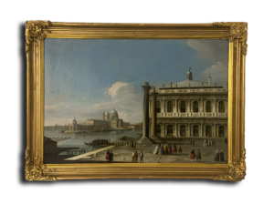 Tableau ancien représentant une structure architecturale encadrée. Tableau ancien