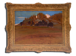 Tableau ancien représentant un paysage naturel avec éléments végétaux et profondeur de perspective, utilisant une palette de couleurs harmonieuse.