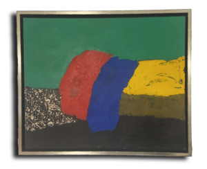 Tableau ancien encadré montrant une scène abstraite et variations de teintes, suggérant une atmosphère calme.