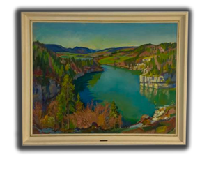 Tableau ancien encadré représentant une composition picturale avec un paysage central et un travail visible de la peinture. Tableau ancien