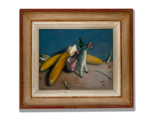 Tableau ancien encadré montrant une scène de genre avec personnages entourés d’éléments de la vie quotidienne et couleurs naturelles. Tableau ancien, peinture figurative, art classique