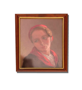 Tableau ancien encadré représentant une scène picturale détaillée avec personnage et travail visible des couleurs. Suisse, Valais, antiquaire, acheteur d’art.