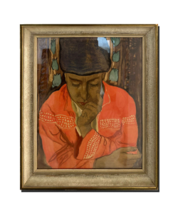 Tableau ancien encadré représentant une figure humaine songeuse portant un vêtement rouge vif et un couvre-chef sombre, sur fond aux motifs abstraits.