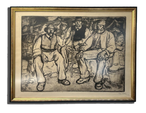 Peinture ancienne encadrée représentant une scène artistique classique avec travail des couleurs et des détails.