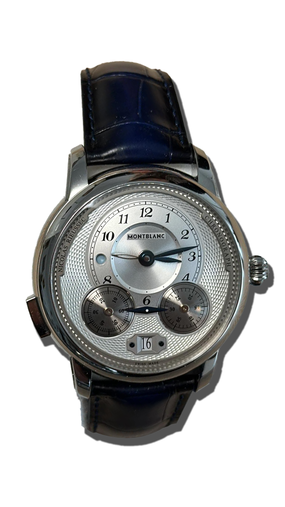 Montre de luxe avec cadran sophistiqué et boîtier élégant, présentée en gros plan. Montre de luxe, montres suisses, achat montres, antiquités, Suisse, Valais, antiquaire, acheteur d’art.