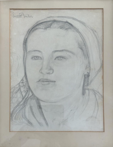 Portrait dessiné à la main encadré montrant un visage féminin avec détails de traits et ombrages.