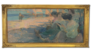 Tableau encadré représentant plusieurs personnages assis au bord d’un plan d’eau avec voiliers en arrière-plan, dans un style artistique classique. Tableau, art, antiquités, Suisse, Valais, antiquaire, acheteur d’art.