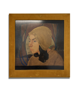 Peinture encadrée représentant une scène ou composition artistique traditionnelle. Tableau, art, antiquités, Suisse, Valais, antiquaire, acheteur d’art.