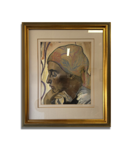 Peinture encadrée représentant une scène artistique traditionnelle avec personnages et détails de couleurs. Tableau, art, antiquités.