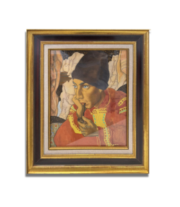 Peinture encadrée représentant un personnage avec une pipe, dans un style artistique détaillé.