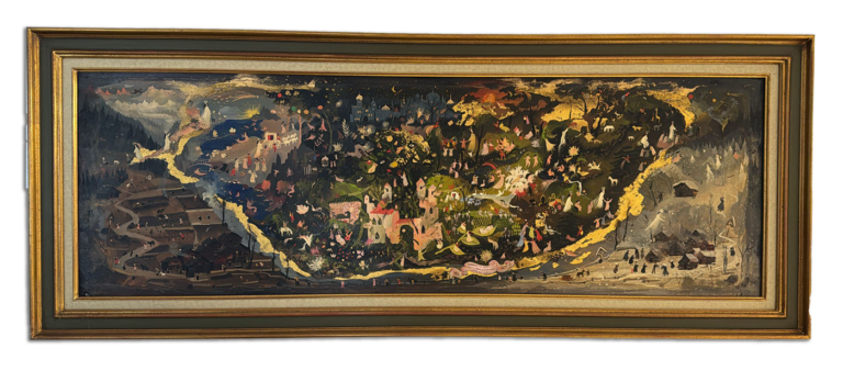 Peinture encadrée représentant une scène artistique ou paysage, style traditionnel.