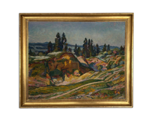 Peinture encadrée présentant une composition artistique détaillée. Tableau, art, antiquités, Suisse, Valais, antiquaire, acheteur d’art.