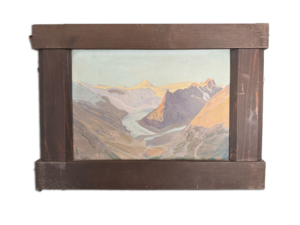 Peinture encadrée présentant un paysage ou scène artistique avec détails colorés.