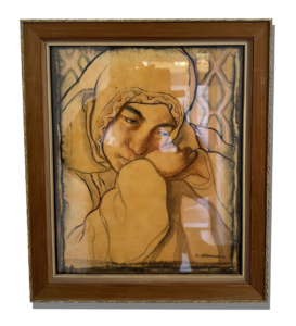 Tableau ancien encadré, portrait de femme au voile en tons sépia