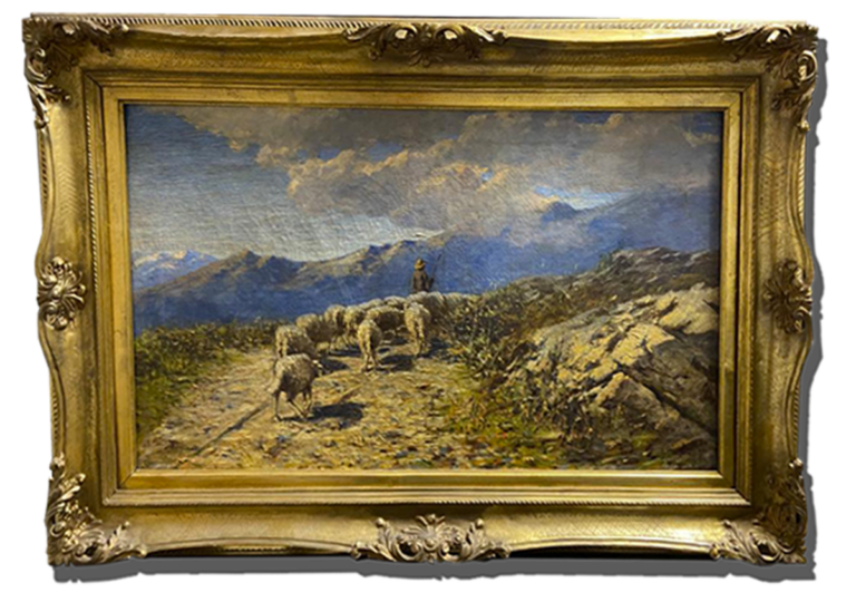 Tableau ancien représentant un berger avec son troupeau de moutons dans une vallée, œuvre d'art antiquaires Valais.