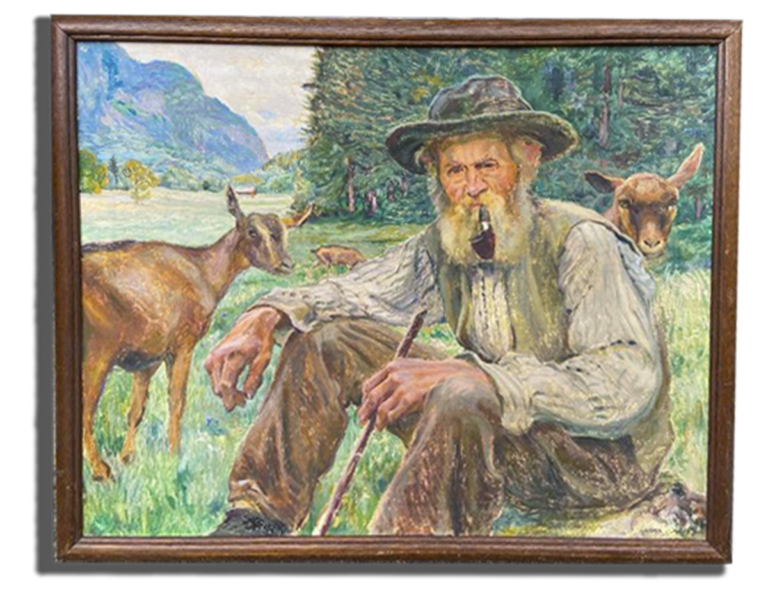 Tableau ancien encadré représentant un berger avec des moutons dans un paysage montagneux. Pour antiquaires et acheteurs d’art en Suisse.