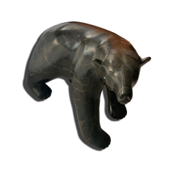 Statue en bronze représentant un ours avec formes sculptées détaillées et patine uniforme. Statue en bronze, sculpture, antiquités, Valais, antiquaire.