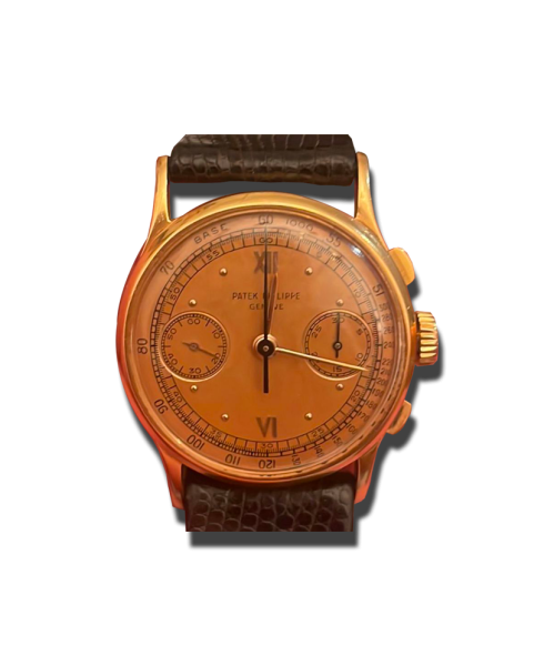 Montre de luxe Suisse avec boîtier doré, cadran doré à deux compteurs et bracelet cuir brun sur fond noir. achat & estimation.