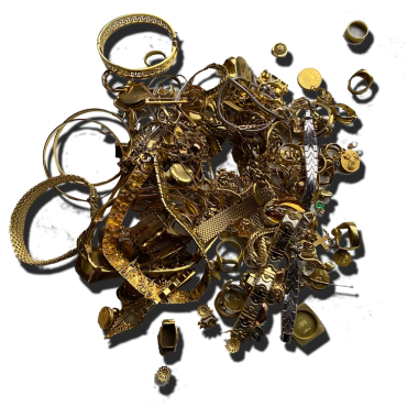 Lot de bijoux en or rassemblés en tas : bagues, bracelets, chaînes, médailles et éléments de bijouterie, photo produit détourée