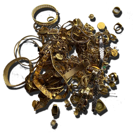 Lot de bijoux en or rassemblés en tas : bagues, bracelets, chaînes, médailles et éléments de bijouterie, photo produit détourée