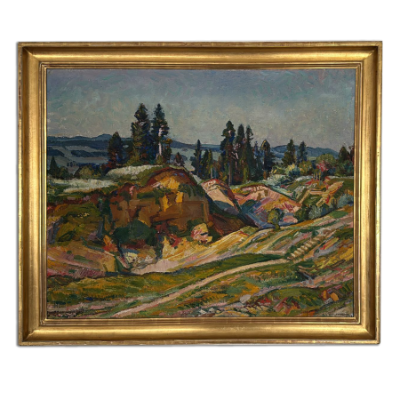 Peinture encadrée présentant un sujet artistique détaillé avec couleurs et formes distinctes. Tableau, art, antiquités, Suisse, Valais, antiquaire, acheteur d’art.