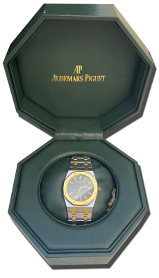 Montre vintage de luxe bicolore acier et or avec cadran texturé, présentée dans un coffret/écrin d’origine, photo produit