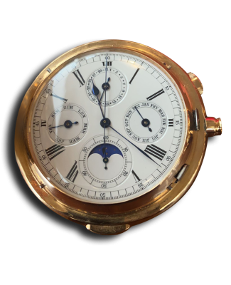 Montre vintage suisse de luxe en boîtier doré avec cadran blanc à chiffres romains, plusieurs compteurs et phase de lune bleue.