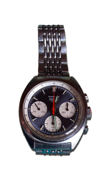 Montre ancienne de collection avec cadran foncé, marquages visibles et boîtier métallique patiné. Montre ancienne, horlogerie de collection