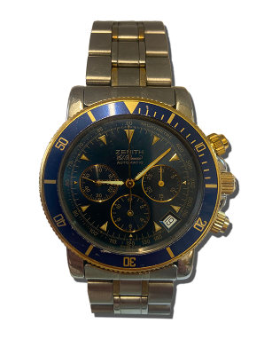 Montre chronographe de luxe vintage avec cadran bleu, compteurs secondaires, index dorés et bracelet métallique bicolore.